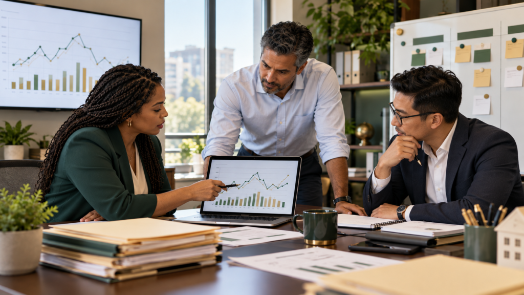 Mortgage team reviewing changing loan-volume forecasts and staffing plans.